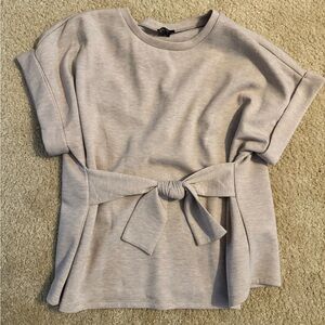 Express Light Beige Short Sleeve Tie-Front Top